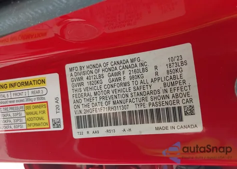 2024 Honda Civic Ex из США, поврежденный, VIN 2HGFE1F71RH311307